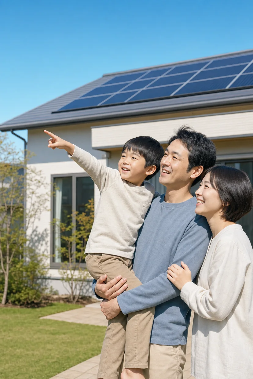 太陽光パネルを載せた家の庭で、子どもが指さす先を見る家族