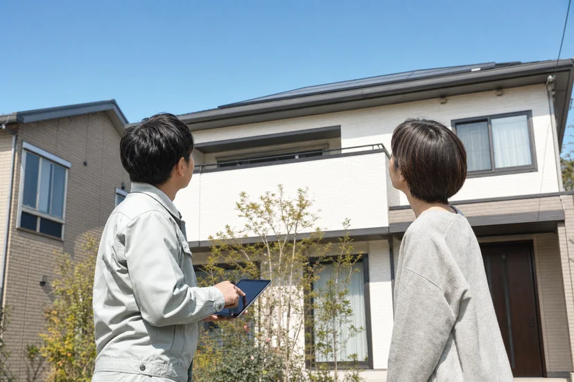 タブレットを手に屋根を確認する担当者と施主