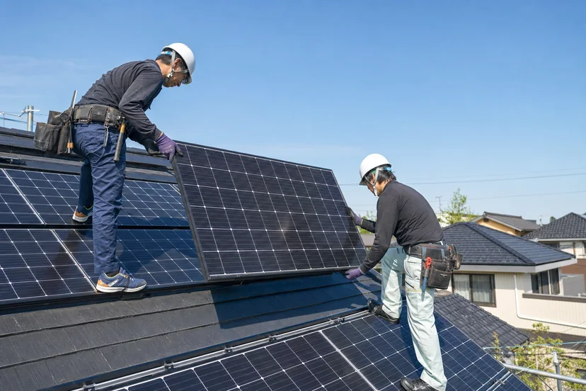 屋根に太陽光パネルを設置する施工スタッフ